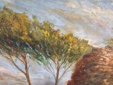 a painting of a man riding a horse on a hill