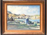 a painting of boats on the shore of a harbor
