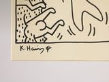 painting of a dog chasing a person with a hat on