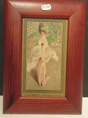painting of a woman in a white dress holding a fan in a wooden frame