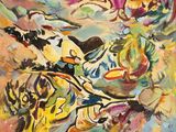 an abstract painting of a group of people in various colors