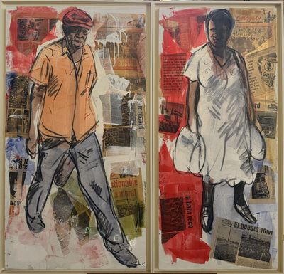 two paintings of men walking down a street in front of a red fire hydrant