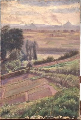 an oil painting of a rural landscape with fields and trees