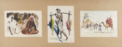 trois dessins de couleurs différentes représentant un homme, une femme et un chameau