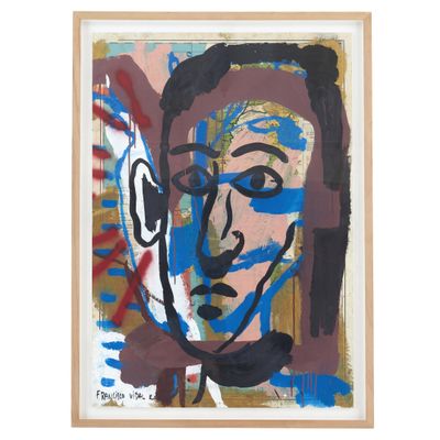 a painting of a man ' s face with blue and red paint on it