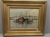une peinture à l'huile représentant des bateaux dans un port, avec le ciel en arrière-plan
