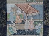 painting of a group of people sitting under an umbrella in a garden