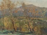 painting of a landscape with trees and mountains in the background