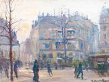 painting of a street scene with people walking and a horse drawn carriage