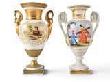 two vases that are sitting side by side on a white surface