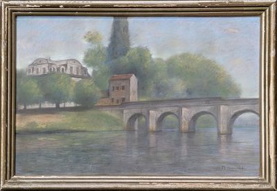 une peinture à l'huile représentant un pont enjambant une rivière, avec une église en arrière-plan