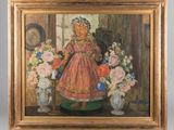painting of a girl in a pink dress standing in front of a vase of flowers