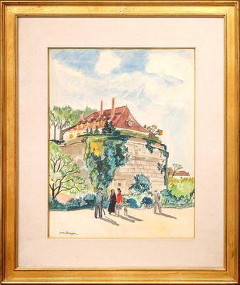 une image représentant une aquarelle montrant des personnes se promenant dans un parc