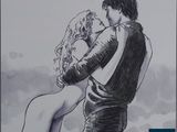 drawing of a man and a woman embracing in front of a cloudy sky