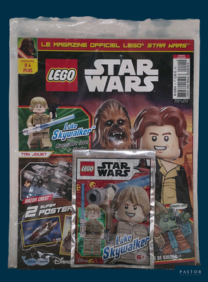 un sac contenant des couvertures du magazine « Lego Star Wars » sur fond bleu