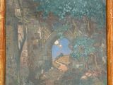 une peinture à l'huile représentant un homme et une femme dans un décor boisé