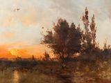 une image d'un tableau représentant un coucher de soleil sur une étendue d'eau