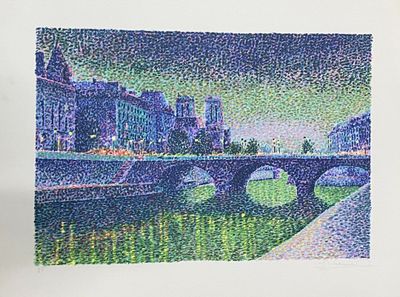 a picture of a painting of a bridge over a river