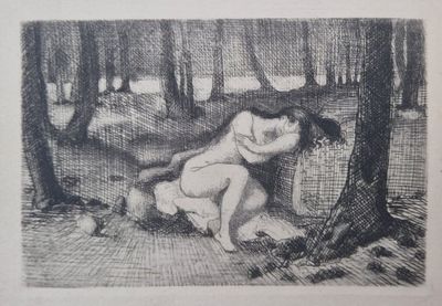 a black and white drawing of a naked woman in a forest
