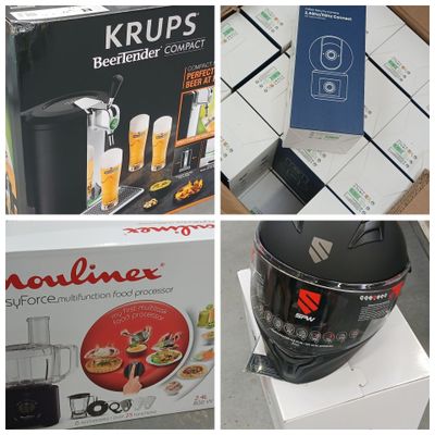 several pictures of a box of food and a helmet on a table