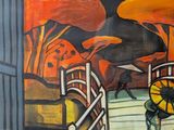 a painting of a horse pulling a wagon in a barn