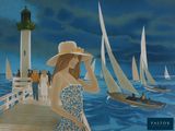 a painting of a woman standing on a pier by the water