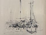 drawing of a boat in a harbor with other boats in the water