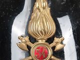 a close up of a fire hydrant with a red and gold emblem on it