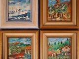 quatre tableaux encadrés représentant un bateau, une maison, un bateau et une maison