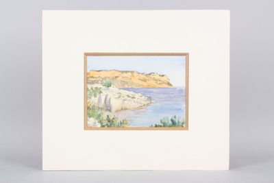une aquarelle représentant une scène de plage avec une falaise en arrière-plan