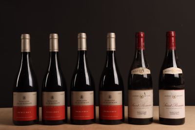 six bouteilles de vin rouge alignées sur une table en bois