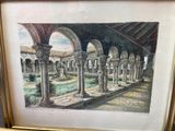 painting of a courtyard with columns and arches in a gold frame