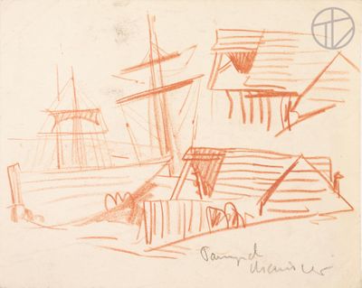 drawing of a boat in a body of water with a building in the background