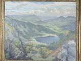 a painting of a mountain landscape with a lake in the foreground