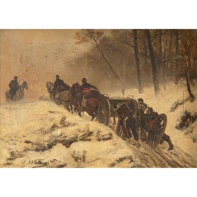 une image représentant une peinture d'une calèche tirée par des chevaux dans la neige