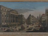 painting of a view of a city street with a horse drawn carriage in the foreground
