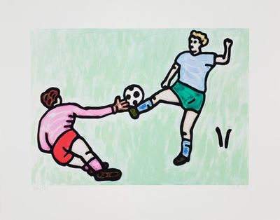 un dessin représentant un homme en train de frapper un ballon de football à côté d'un autre homme