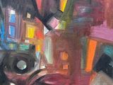 an oil painting of a cityscape with buildings and a bird