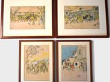 four framed paintings of horses and carriages in a row