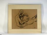 drawing of a man sitting on a chair holding a guitar