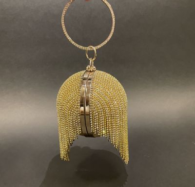 a gold beaded purse with fringes hanging from a chain