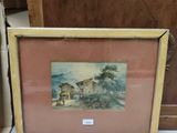 framed watercolor painting of a farm scene in a wooden frame
