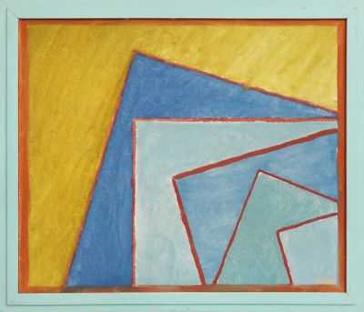 peinture abstraite représentant des formes bleues, jaunes et rouges dans un cadre blanc
