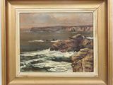 an oil painting of a rocky coast with waves crashing in the foreground