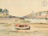 un tableau représentant un bateau au bord de l'eau