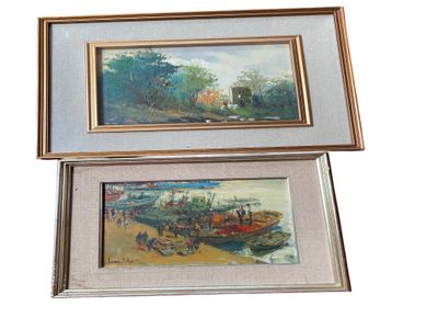 two framed paintings of boats on a beach with a house in the background