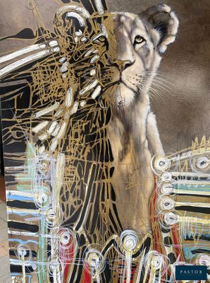 an oil painting of a lion on a black background with gold accents