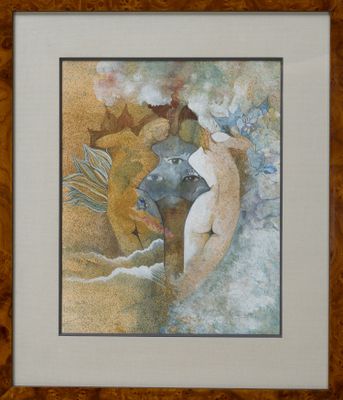 painting of a woman and a man in a boat in the ocean