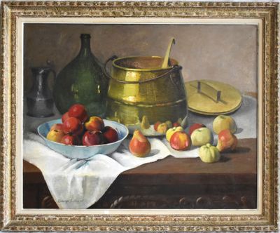 a painting of a bowl of apples and a bowl of apples on a table