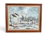 un tableau représentant une maison blanche dans un paysage enneigé